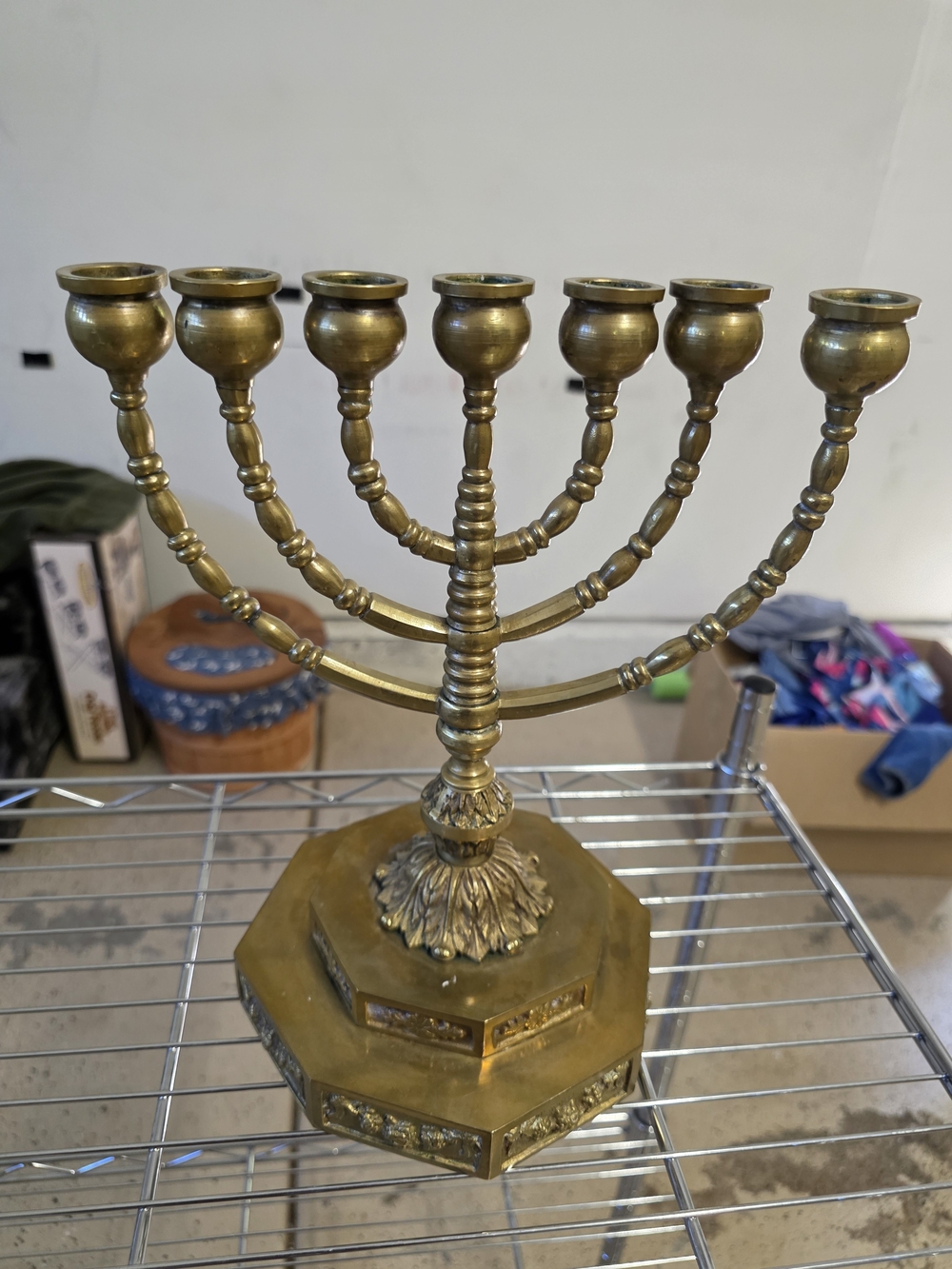 Antique-Style Brass Seven-Arm Menorah - Golden Home Accent